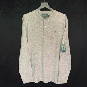 POLO RALPH LAUREN Slub Jersey Henley Shirt w/ Button Collar MEDIUM Heather Grey